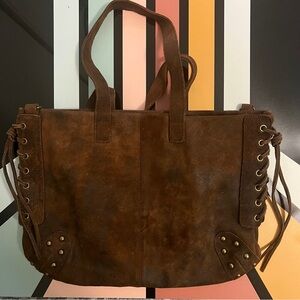 Side-laced Hobo Satchel Bag, Brown Leather